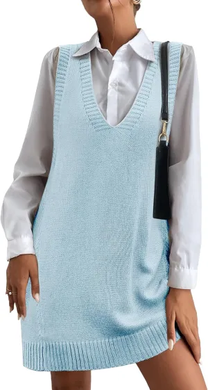 HOTOUCH Women Sweater Vest Oversized V Neck Sleeveless Knit Pullover Ribbed Vest Dress with Pockets
