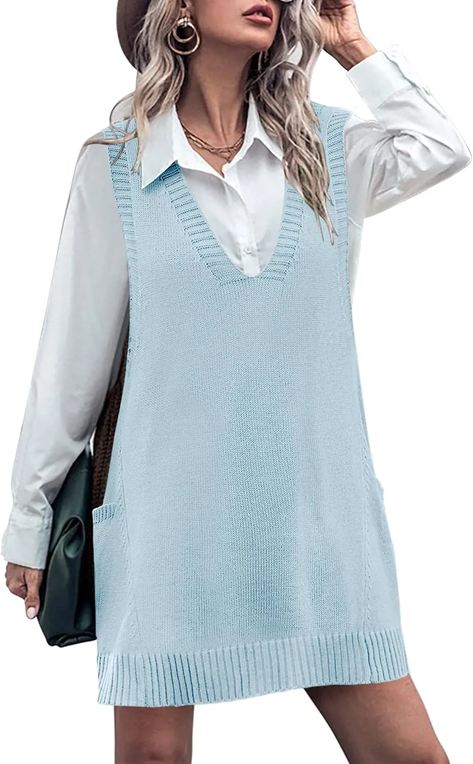 HOTOUCH Women Sweater Vest Oversized V Neck Sleeveless Knit Pullover Ribbed Vest Dress with Pockets