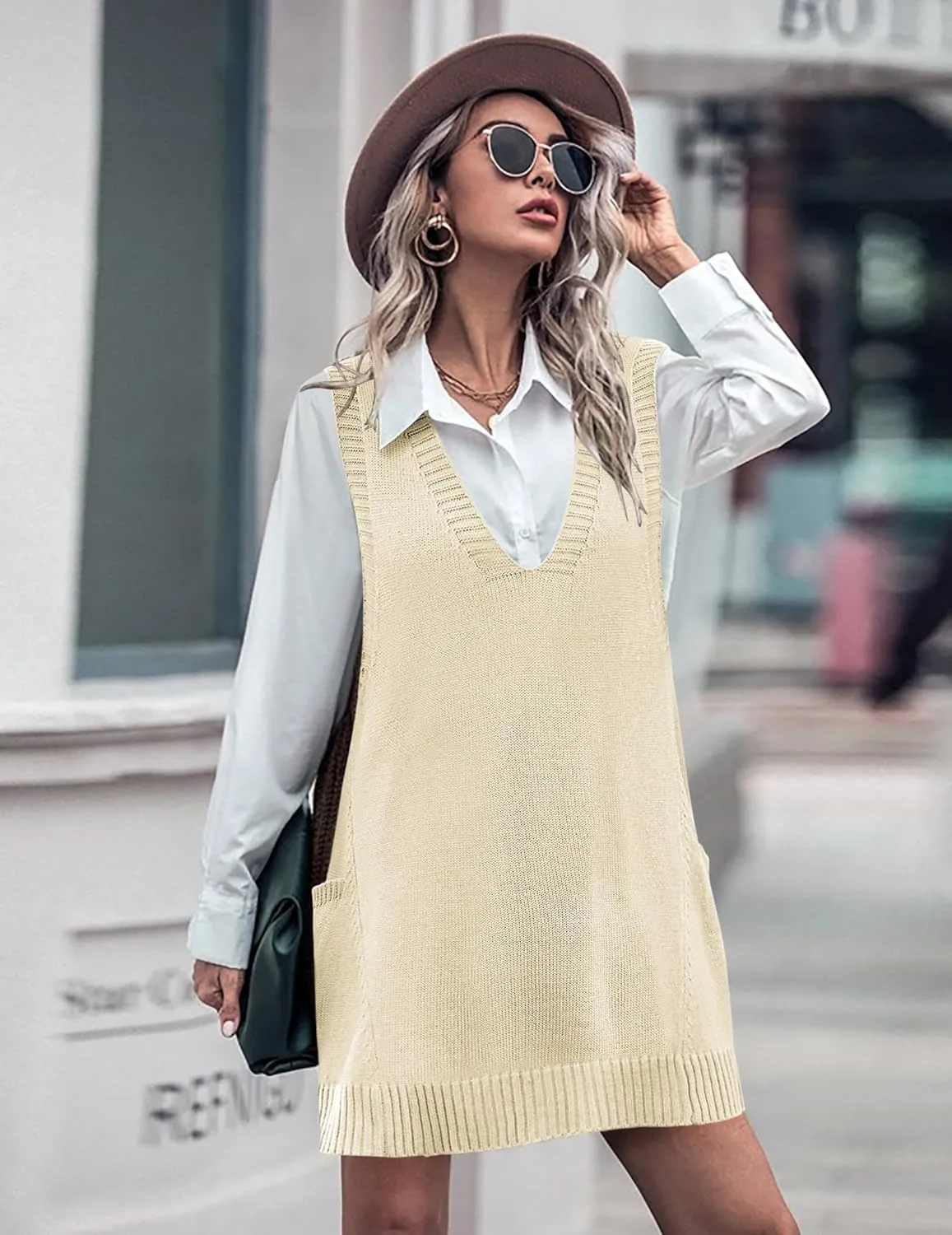HOTOUCH Women Sweater Vest Oversized V Neck Sleeveless Knit Pullover Ribbed Vest Dress with Pockets