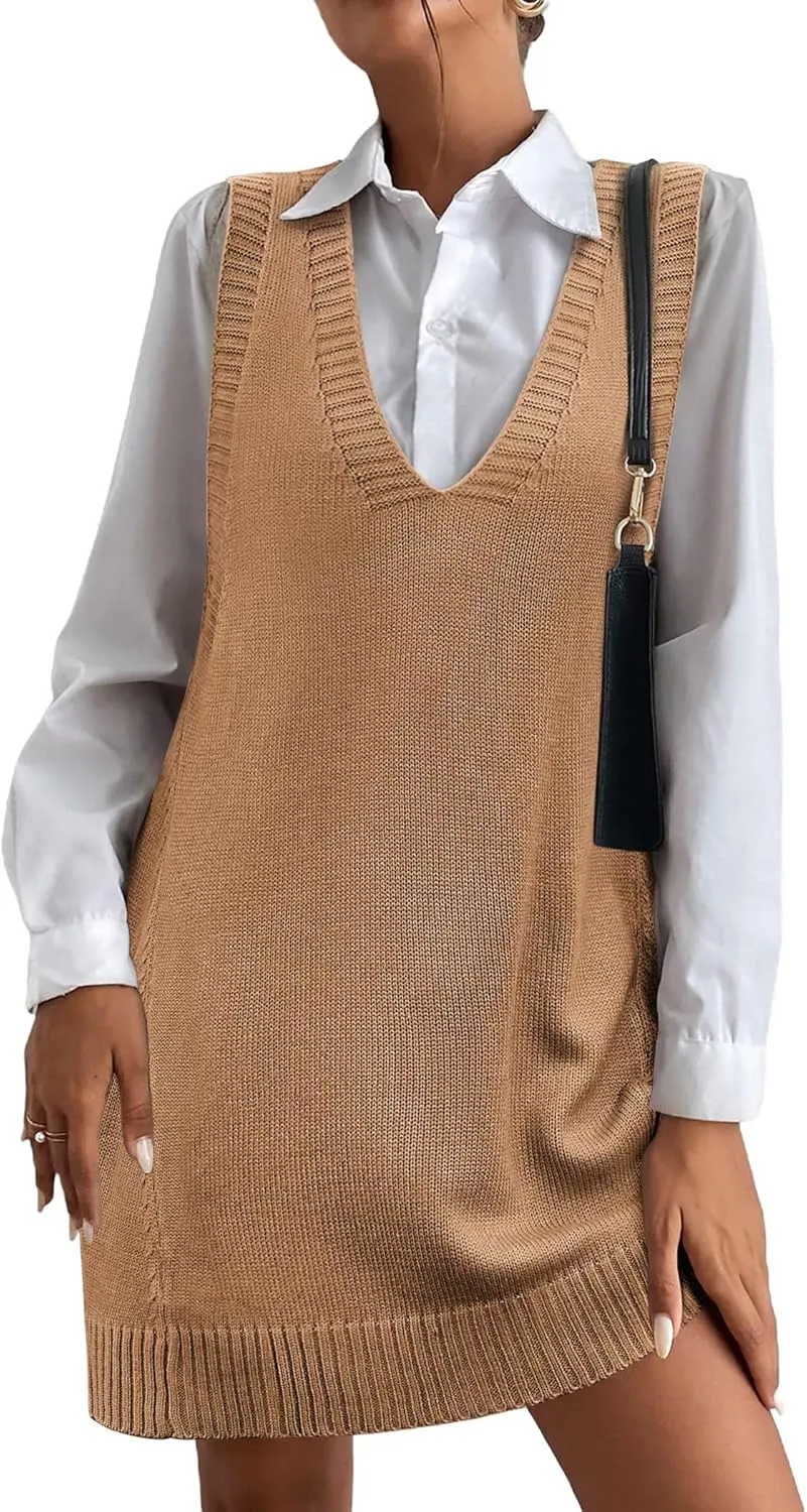 HOTOUCH Women Sweater Vest Oversized V Neck Sleeveless Knit Pullover Ribbed Vest Dress with Pockets