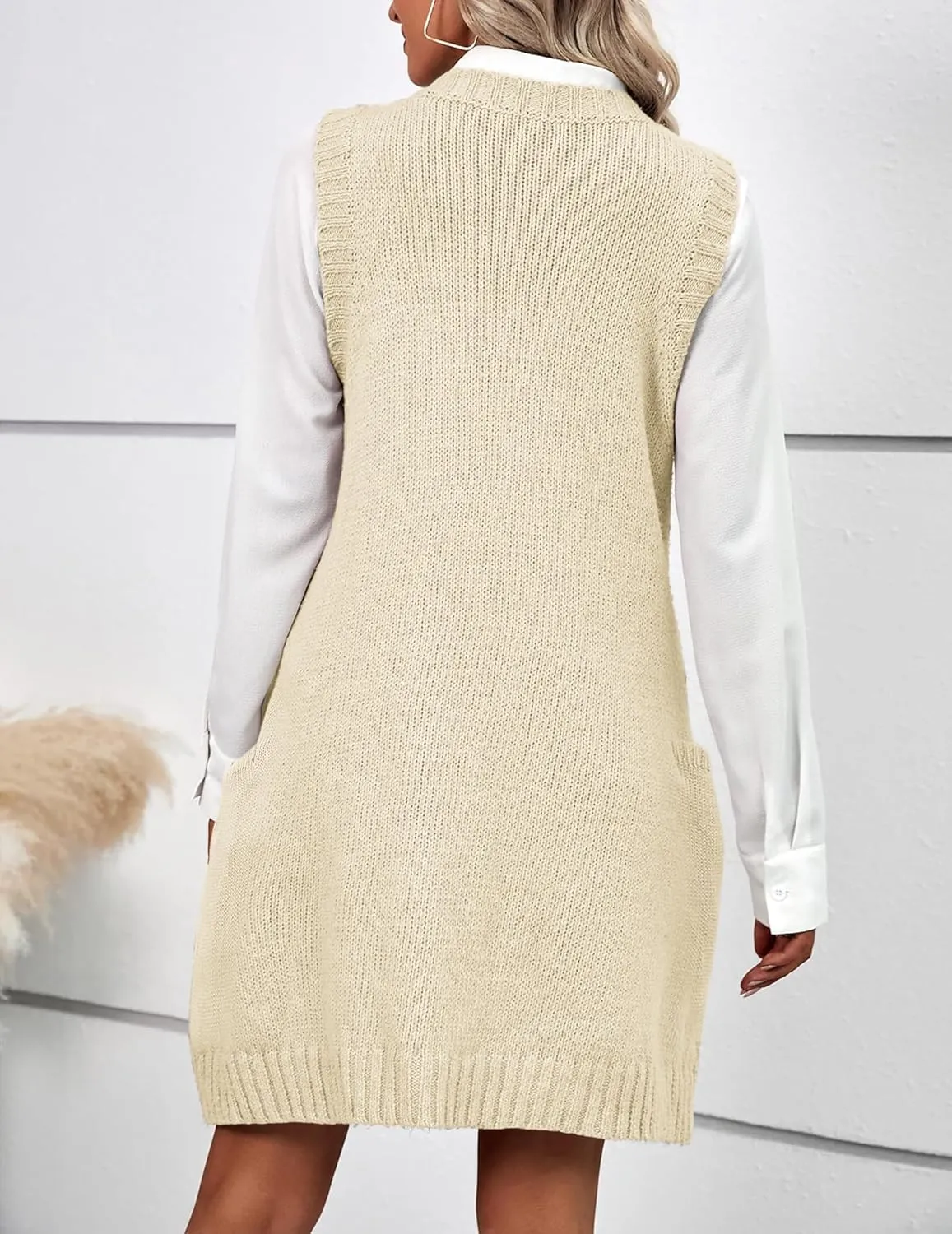 HOTOUCH Women Sweater Vest Oversized V Neck Sleeveless Knit Pullover Ribbed Vest Dress with Pockets