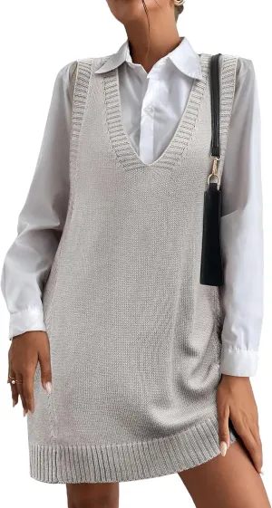 HOTOUCH Women Sweater Vest Oversized V Neck Sleeveless Knit Pullover Ribbed Vest Dress with Pockets