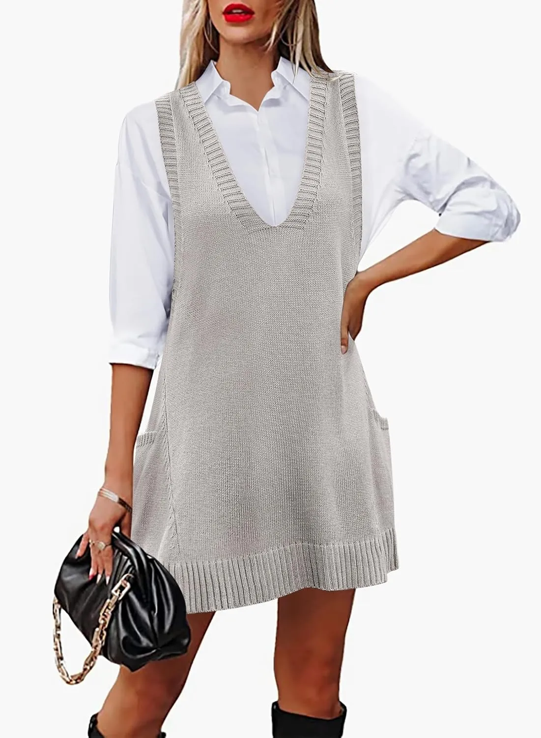 HOTOUCH Women Sweater Vest Oversized V Neck Sleeveless Knit Pullover Ribbed Vest Dress with Pockets