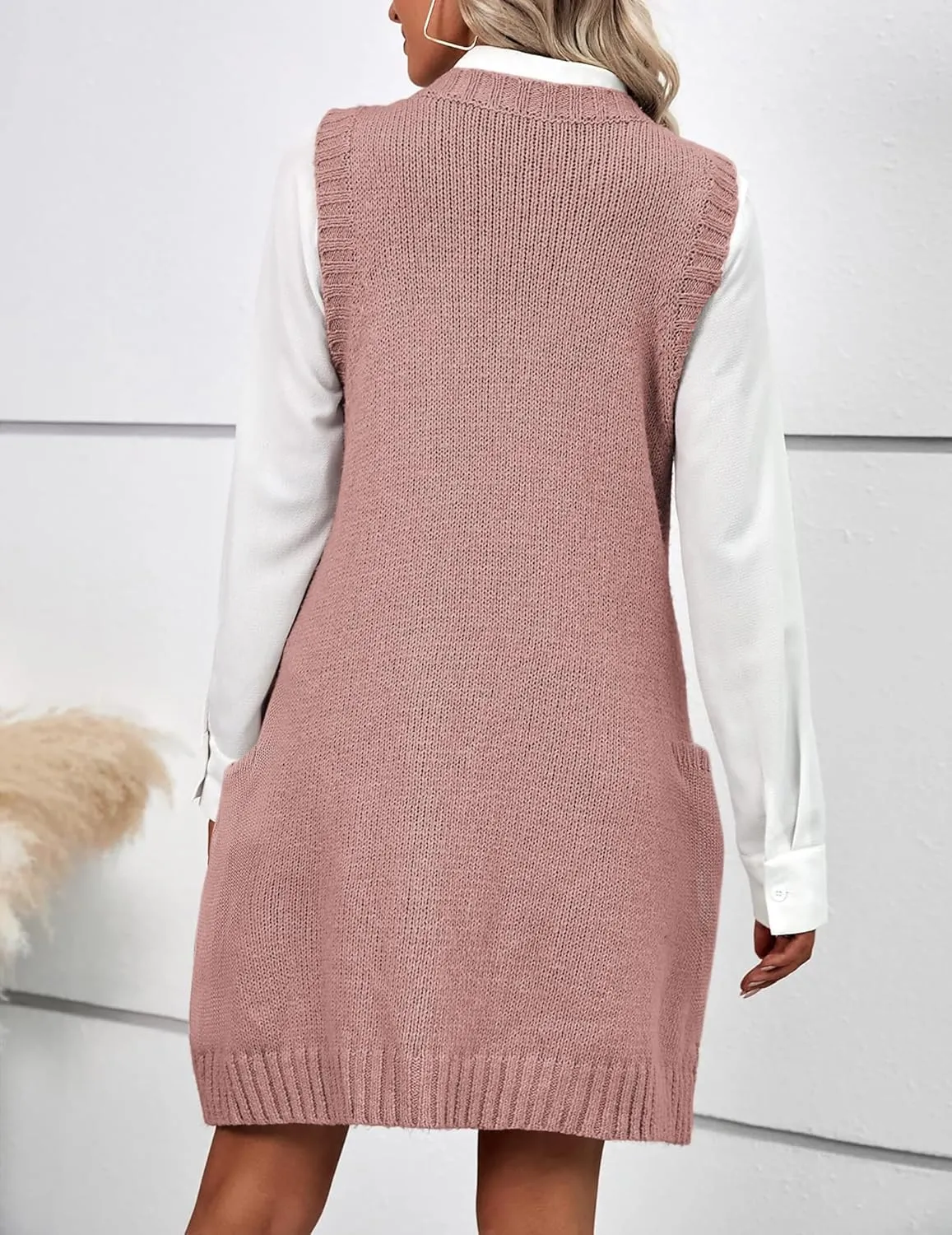 HOTOUCH Women Sweater Vest Oversized V Neck Sleeveless Knit Pullover Ribbed Vest Dress with Pockets