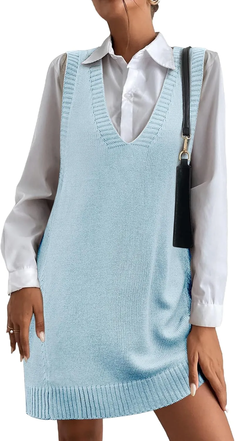 HOTOUCH Women Sweater Vest Oversized V Neck Sleeveless Knit Pullover Ribbed Vest Dress with Pockets