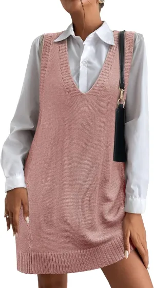 HOTOUCH Women Sweater Vest Oversized V Neck Sleeveless Knit Pullover Ribbed Vest Dress with Pockets