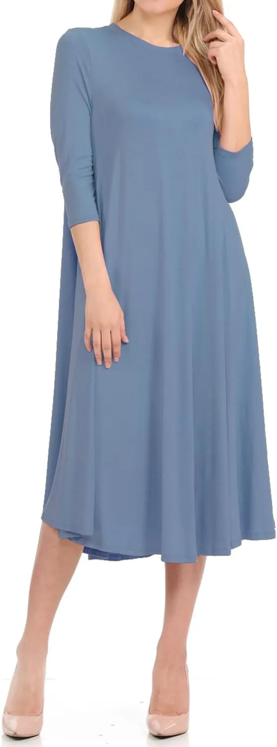 iconic luxe Women's Swing Midi Dress  3/4 Sleeve Flowy A-Line Tunic  Soft, Stretchy, Comfortable, and Versatile