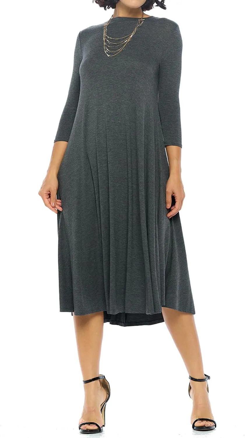 iconic luxe Women's Swing Midi Dress  3/4 Sleeve Flowy A-Line Tunic  Soft, Stretchy, Comfortable, and Versatile