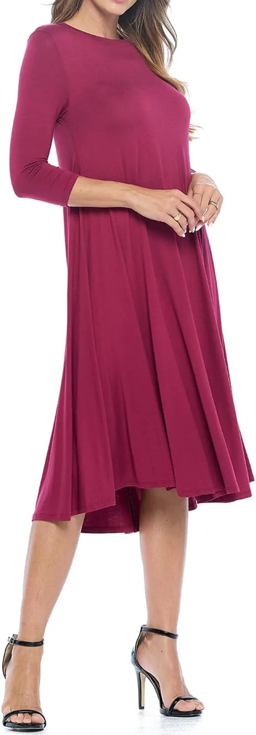 iconic luxe Women's Swing Midi Dress  3/4 Sleeve Flowy A-Line Tunic  Soft, Stretchy, Comfortable, and Versatile