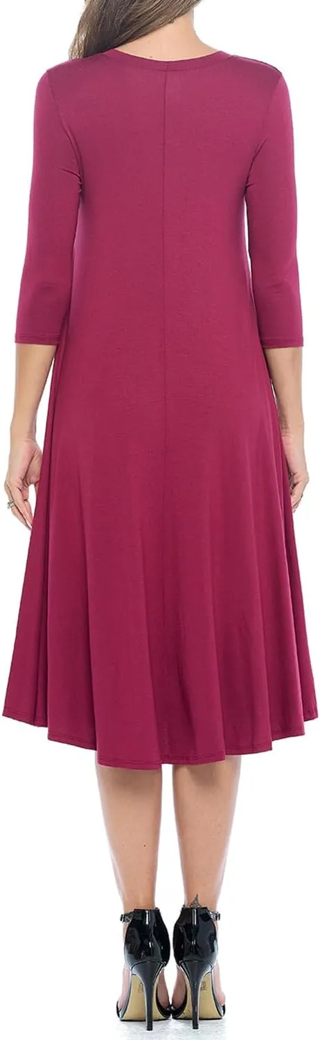 iconic luxe Women's Swing Midi Dress  3/4 Sleeve Flowy A-Line Tunic  Soft, Stretchy, Comfortable, and Versatile