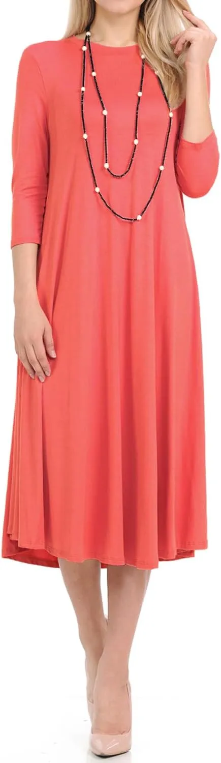 iconic luxe Women's Swing Midi Dress  3/4 Sleeve Flowy A-Line Tunic  Soft, Stretchy, Comfortable, and Versatile