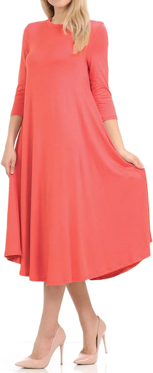 iconic luxe Women's Swing Midi Dress  3/4 Sleeve Flowy A-Line Tunic  Soft, Stretchy, Comfortable, and Versatile