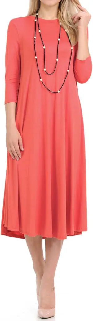 iconic luxe Women's Swing Midi Dress  3/4 Sleeve Flowy A-Line Tunic  Soft, Stretchy, Comfortable, and Versatile