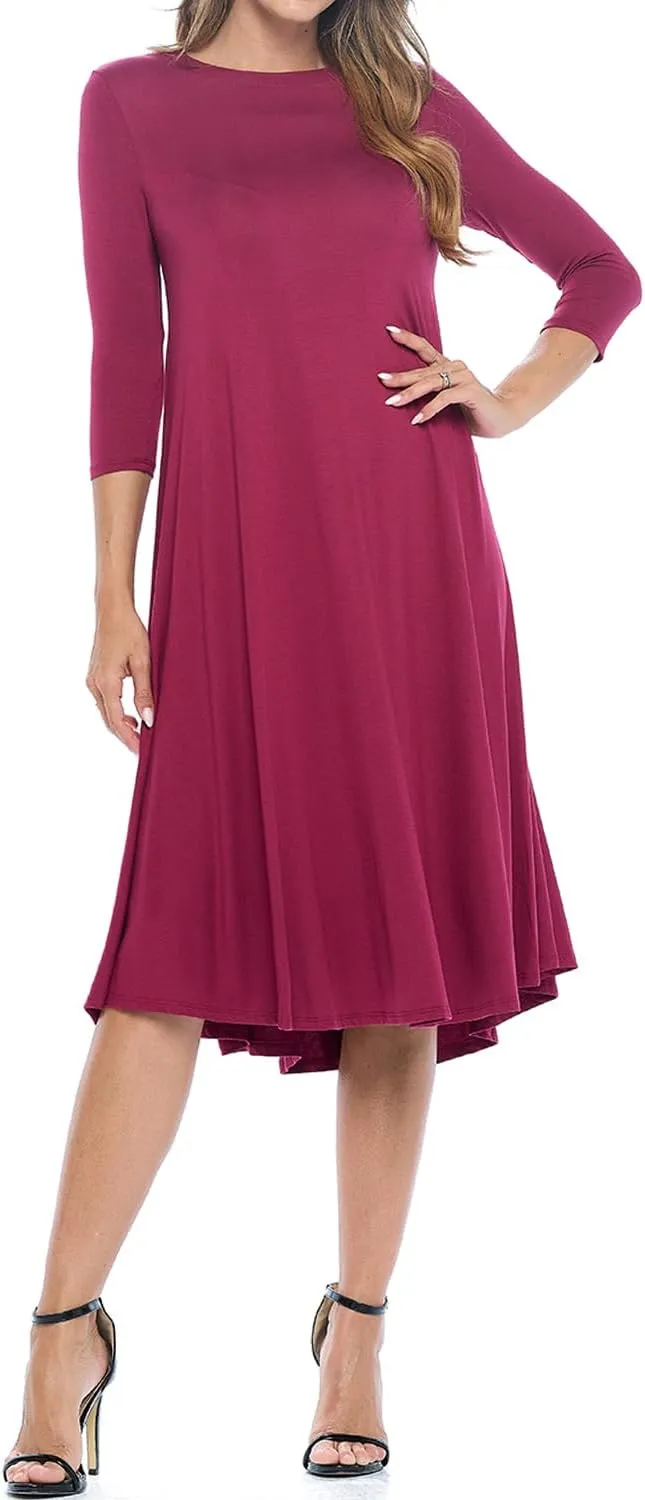 iconic luxe Women's Swing Midi Dress  3/4 Sleeve Flowy A-Line Tunic  Soft, Stretchy, Comfortable, and Versatile