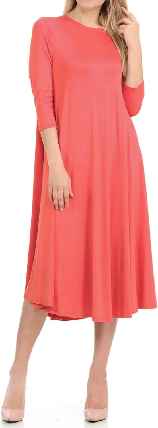 iconic luxe Women's Swing Midi Dress  3/4 Sleeve Flowy A-Line Tunic  Soft, Stretchy, Comfortable, and Versatile