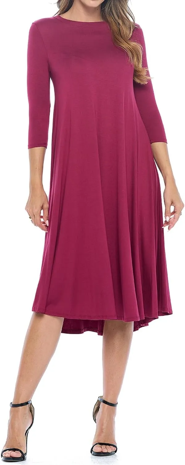 iconic luxe Women's Swing Midi Dress  3/4 Sleeve Flowy A-Line Tunic  Soft, Stretchy, Comfortable, and Versatile