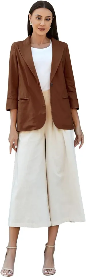 IDEALSANXUN Linen Blazer Women 3/4 Sleeve Lightweight Spring Summer Blazer Jackets