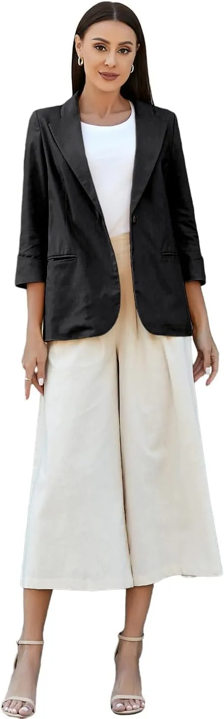 IDEALSANXUN Linen Blazer Women 3/4 Sleeve Lightweight Spring Summer Blazer Jackets