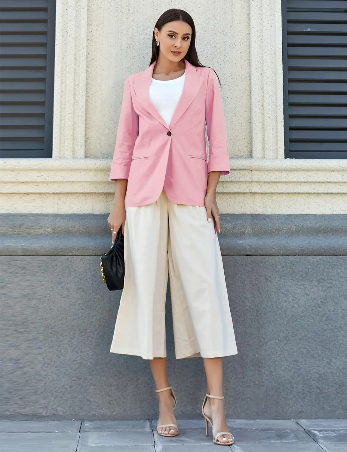 IDEALSANXUN Linen Blazer Women 3/4 Sleeve Lightweight Spring Summer Blazer Jackets