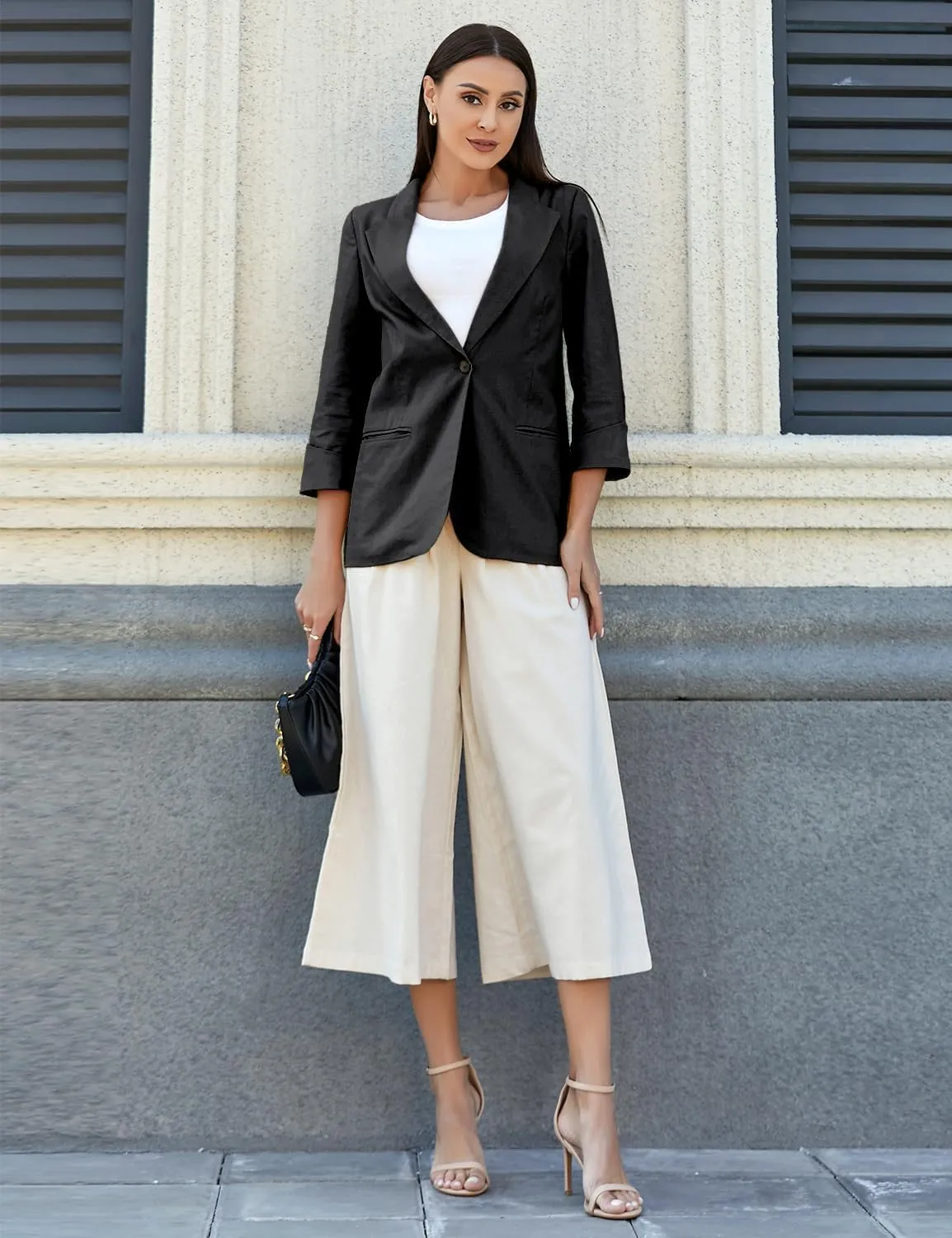 IDEALSANXUN Linen Blazer Women 3/4 Sleeve Lightweight Spring Summer Blazer Jackets