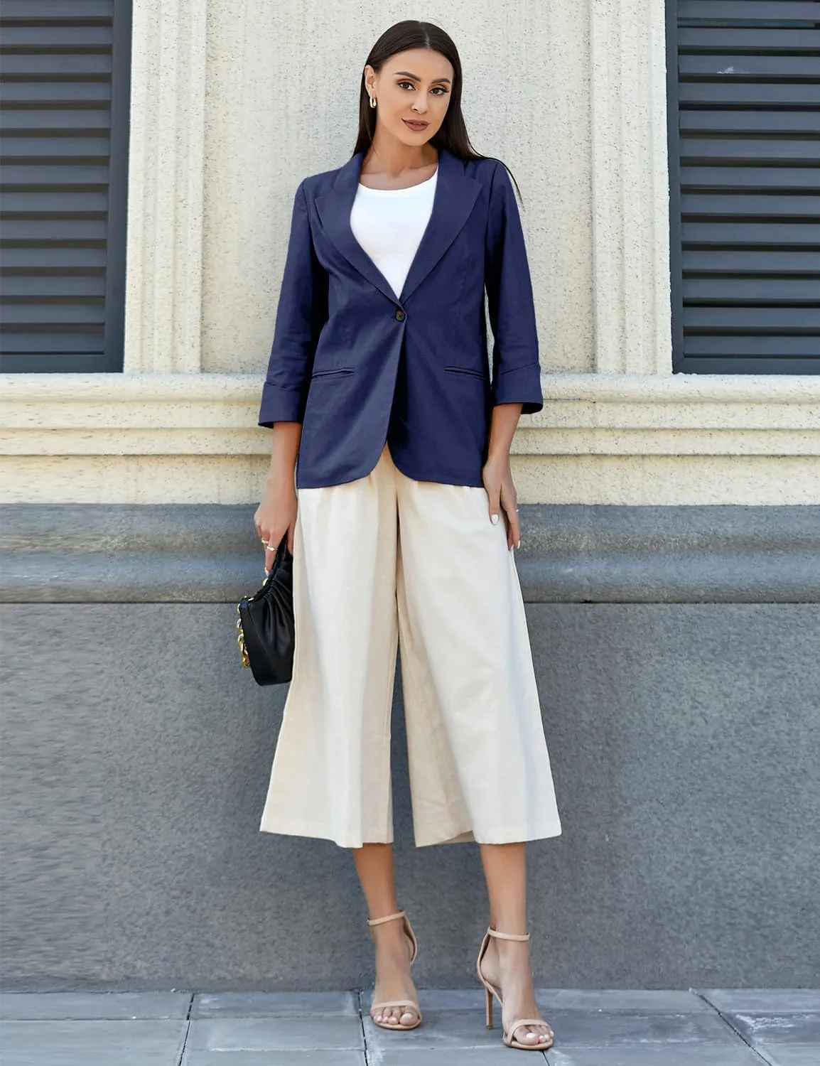 IDEALSANXUN Linen Blazer Women 3/4 Sleeve Lightweight Spring Summer Blazer Jackets