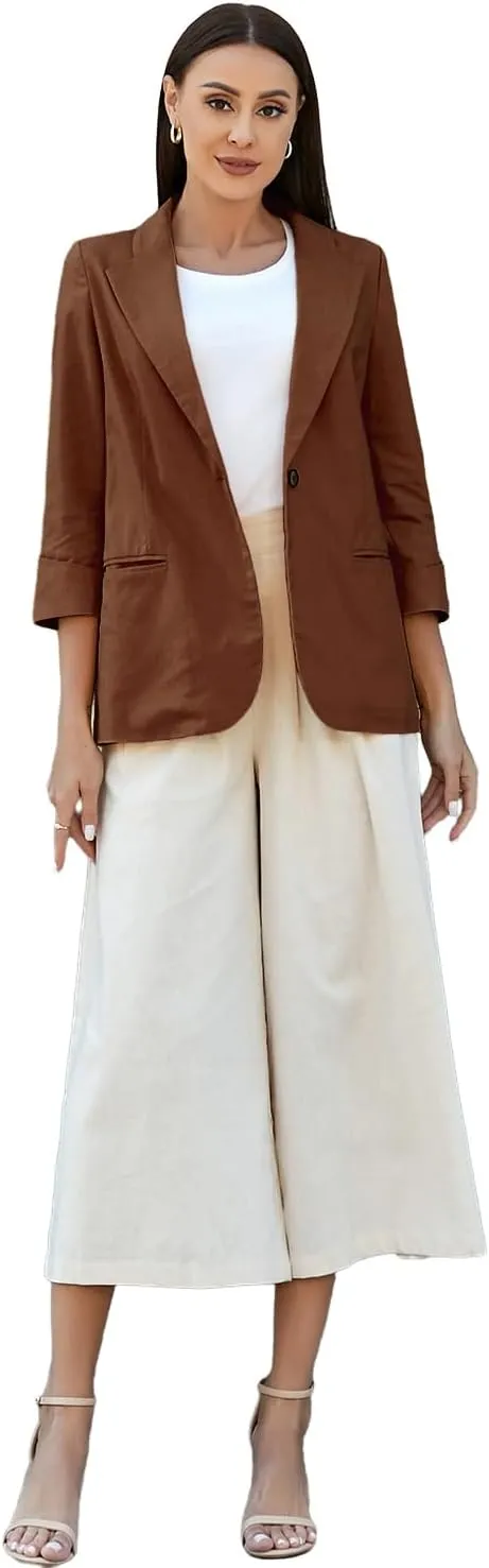 IDEALSANXUN Linen Blazer Women 3/4 Sleeve Lightweight Spring Summer Blazer Jackets