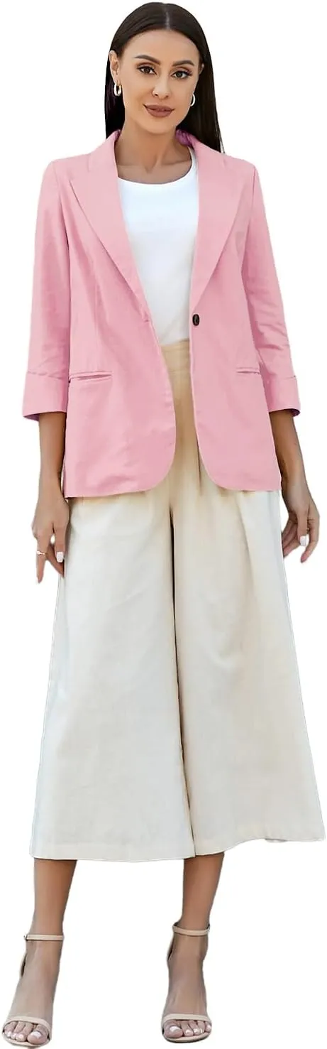 IDEALSANXUN Linen Blazer Women 3/4 Sleeve Lightweight Spring Summer Blazer Jackets