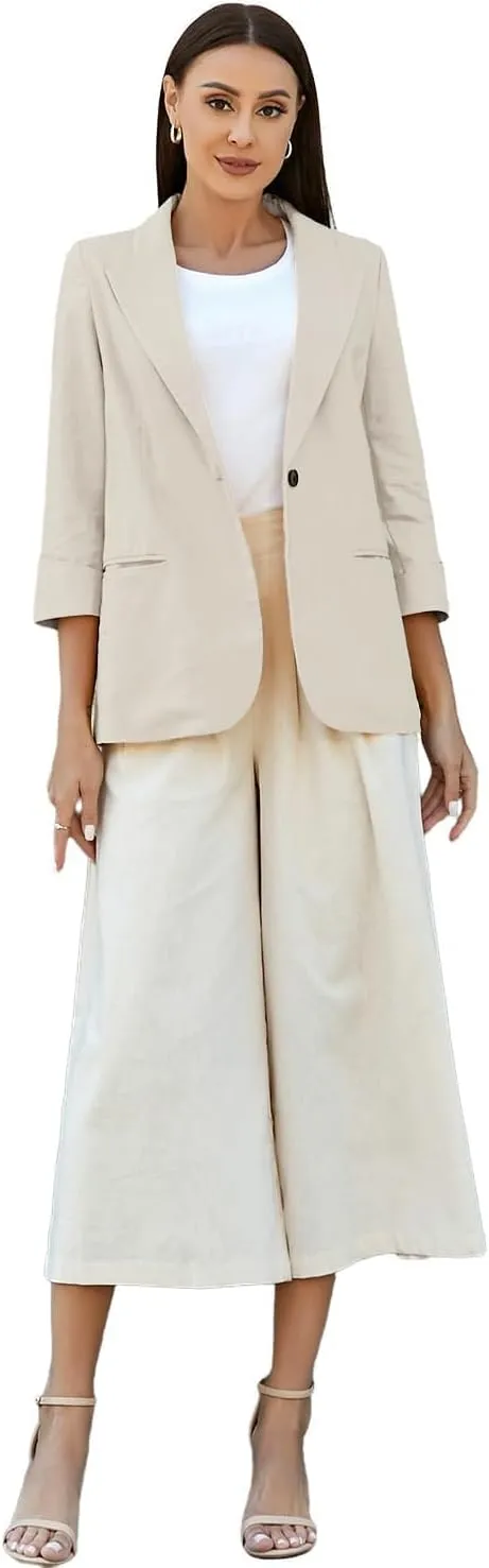 IDEALSANXUN Linen Blazer Women 3/4 Sleeve Lightweight Spring Summer Blazer Jackets
