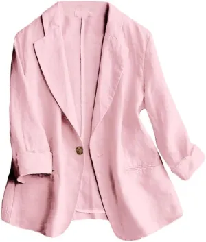 IDEALSANXUN Linen Blazer Women 3/4 Sleeve Lightweight Spring Summer Blazer Jackets