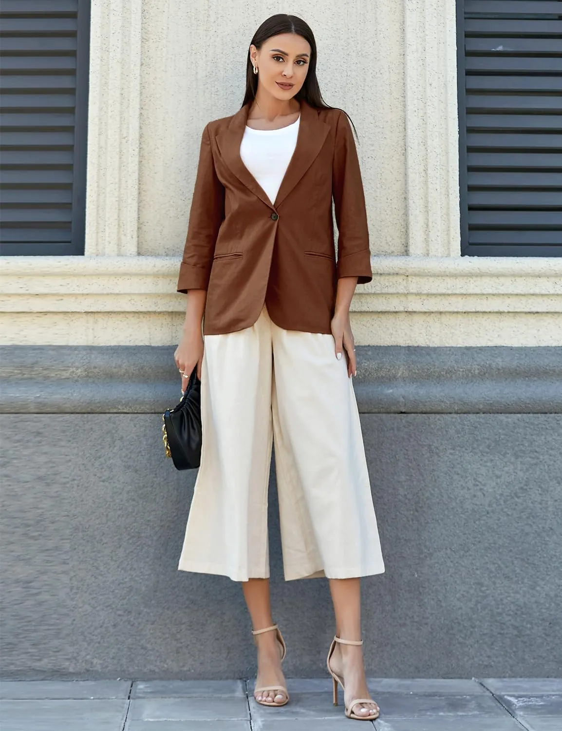 IDEALSANXUN Linen Blazer Women 3/4 Sleeve Lightweight Spring Summer Blazer Jackets