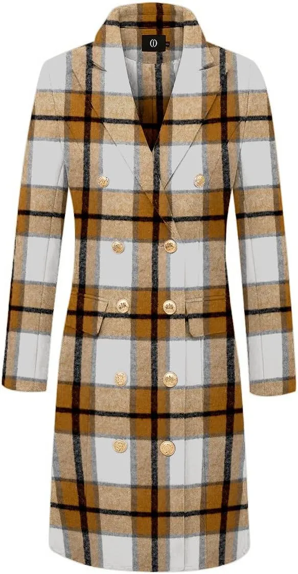 IDEALSANXUN Long Plaid Wool Coats for Women Fall Winter Double Breasted Trench Coat Peacoat Jackets