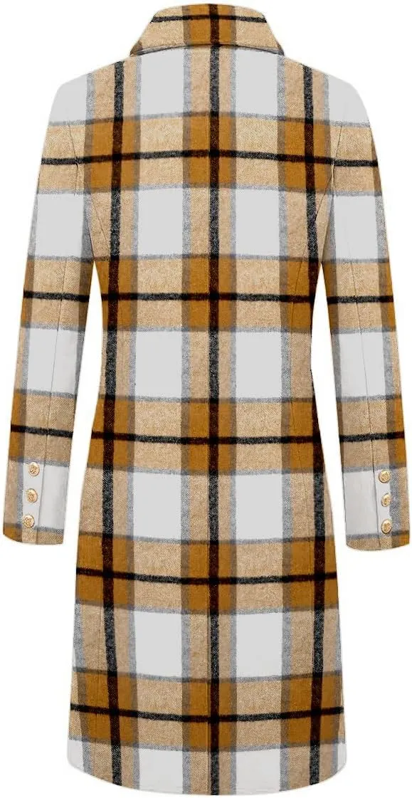 IDEALSANXUN Long Plaid Wool Coats for Women Fall Winter Double Breasted Trench Coat Peacoat Jackets