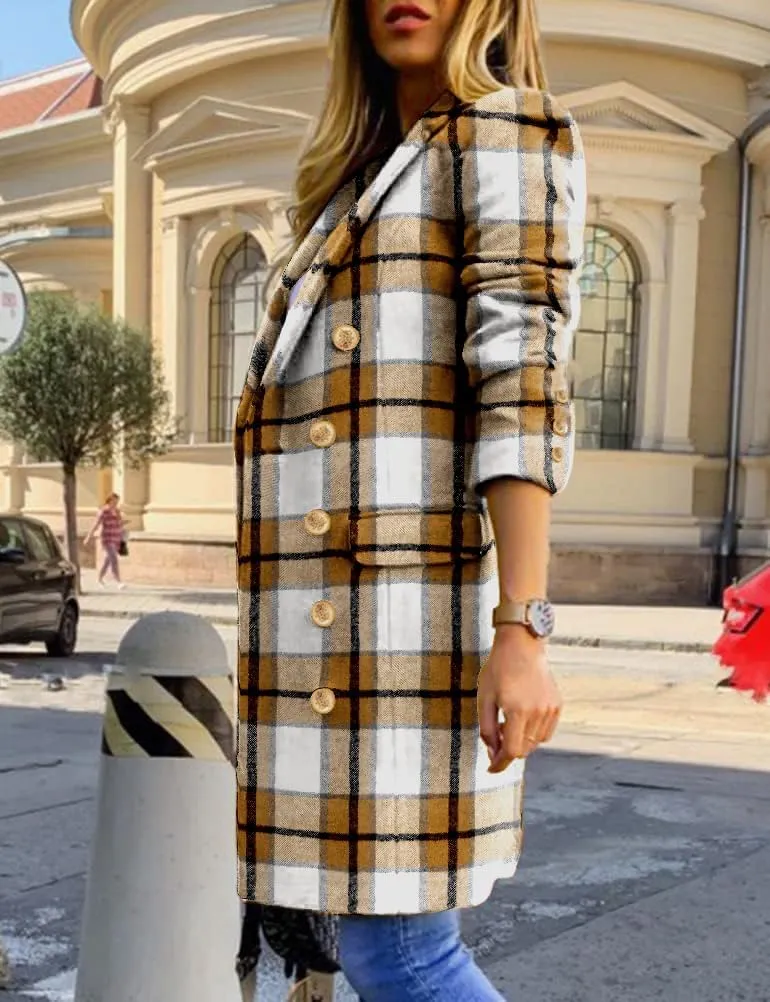IDEALSANXUN Long Plaid Wool Coats for Women Fall Winter Double Breasted Trench Coat Peacoat Jackets
