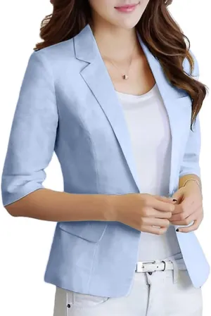 IDEALSANXUN Womens Cropped Linen Blazer Casual 3/4 Sleeve Lightweight Spring Summer Jackets Tops
