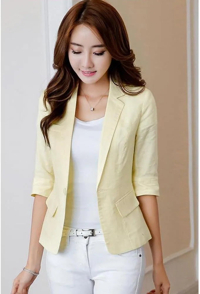 IDEALSANXUN Womens Cropped Linen Blazer Casual 3/4 Sleeve Lightweight Spring Summer Jackets Tops