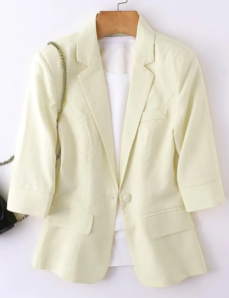 IDEALSANXUN Womens Cropped Linen Blazer Casual 3/4 Sleeve Lightweight Spring Summer Jackets Tops