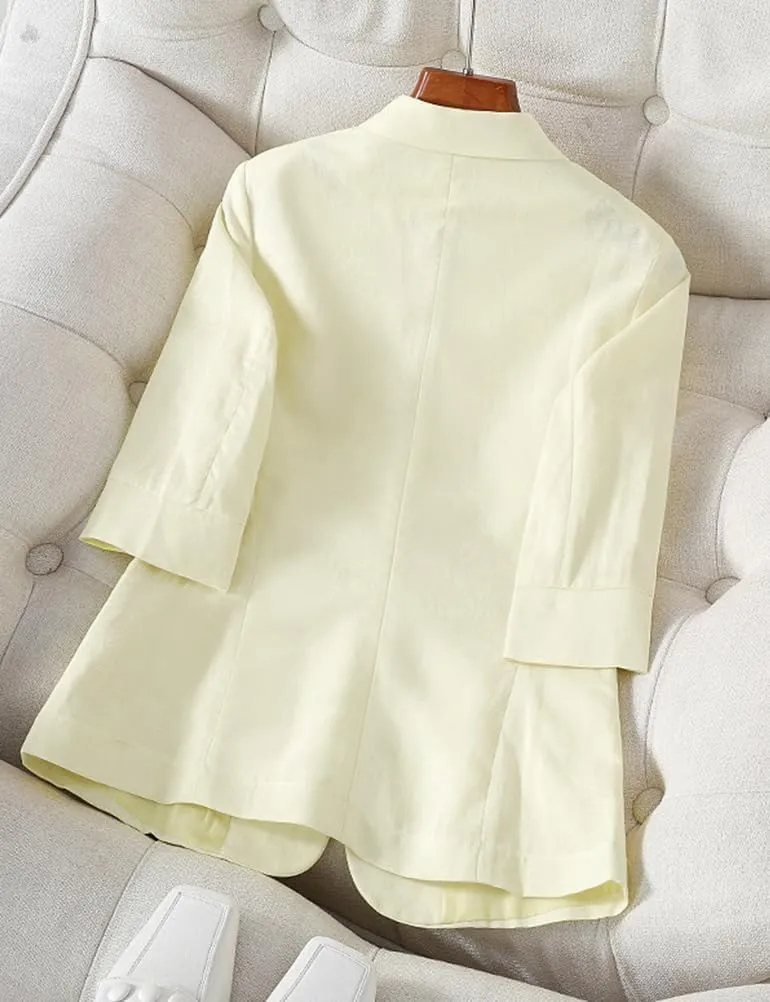 IDEALSANXUN Womens Cropped Linen Blazer Casual 3/4 Sleeve Lightweight Spring Summer Jackets Tops
