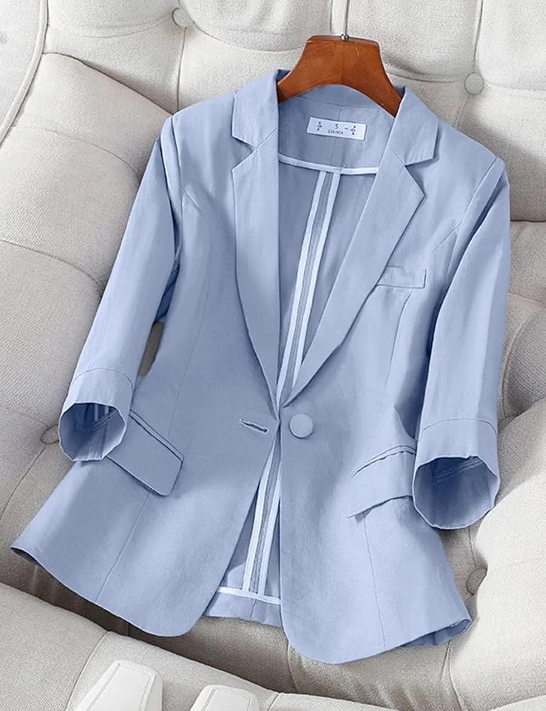 IDEALSANXUN Womens Cropped Linen Blazer Casual 3/4 Sleeve Lightweight Spring Summer Jackets Tops