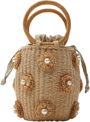 ikasus Pearl Flower Straw Woven Bag Bucket Bag Rattan Purse Straw Tote Bag for Women Drawstring Straw Weaving Handheld Bag with Circular Handle Handmade Tote Bag with Soft Fabric Lining Pearl Flower