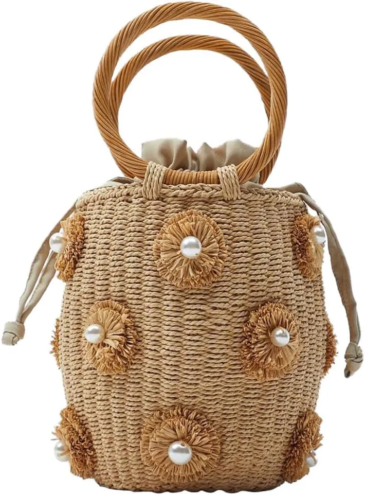 ikasus Pearl Flower Straw Woven Bag Bucket Bag Rattan Purse Straw Tote Bag for Women Drawstring Straw Weaving Handheld Bag with Circular Handle Handmade Tote Bag with Soft Fabric Lining Pearl Flower