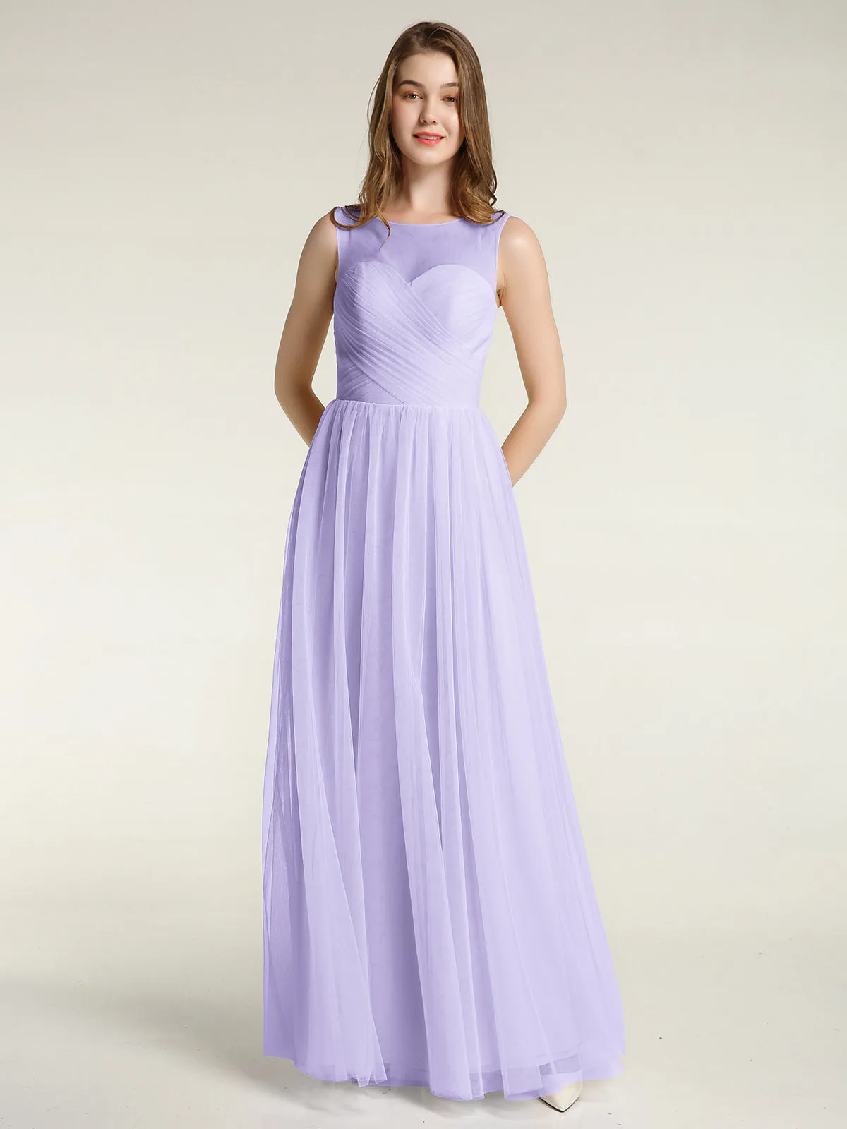 Illusion Neck Cross Tulle Bridesmaid Dresses-Lilac