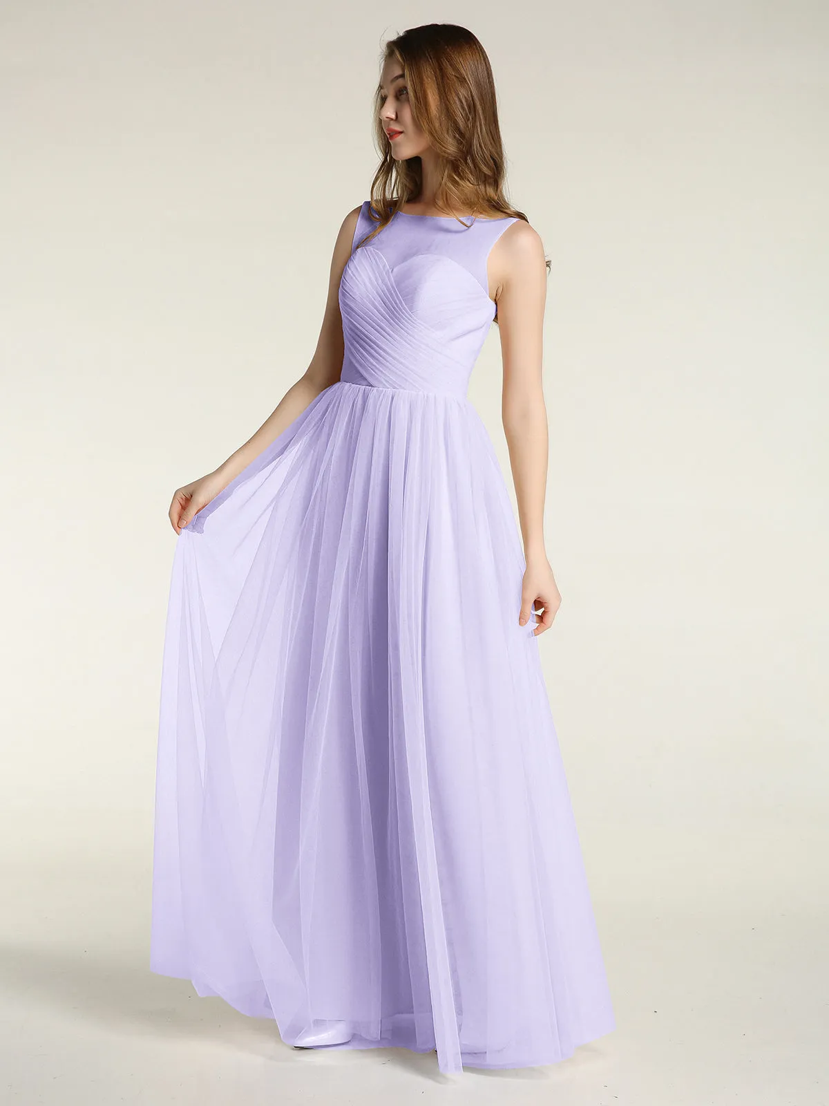 Illusion Neck Cross Tulle Bridesmaid Dresses-Lilac