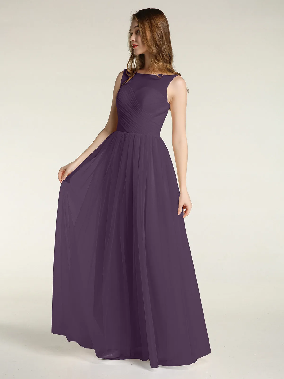 Illusion Neck Cross Tulle Bridesmaid Dresses-Plum