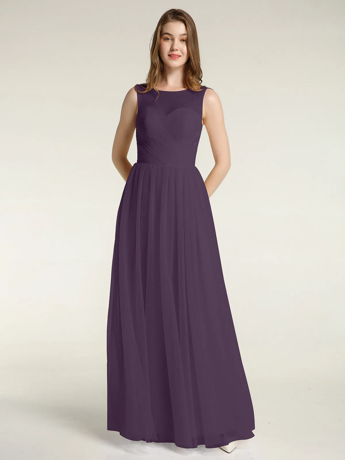 Illusion Neck Cross Tulle Bridesmaid Dresses-Plum