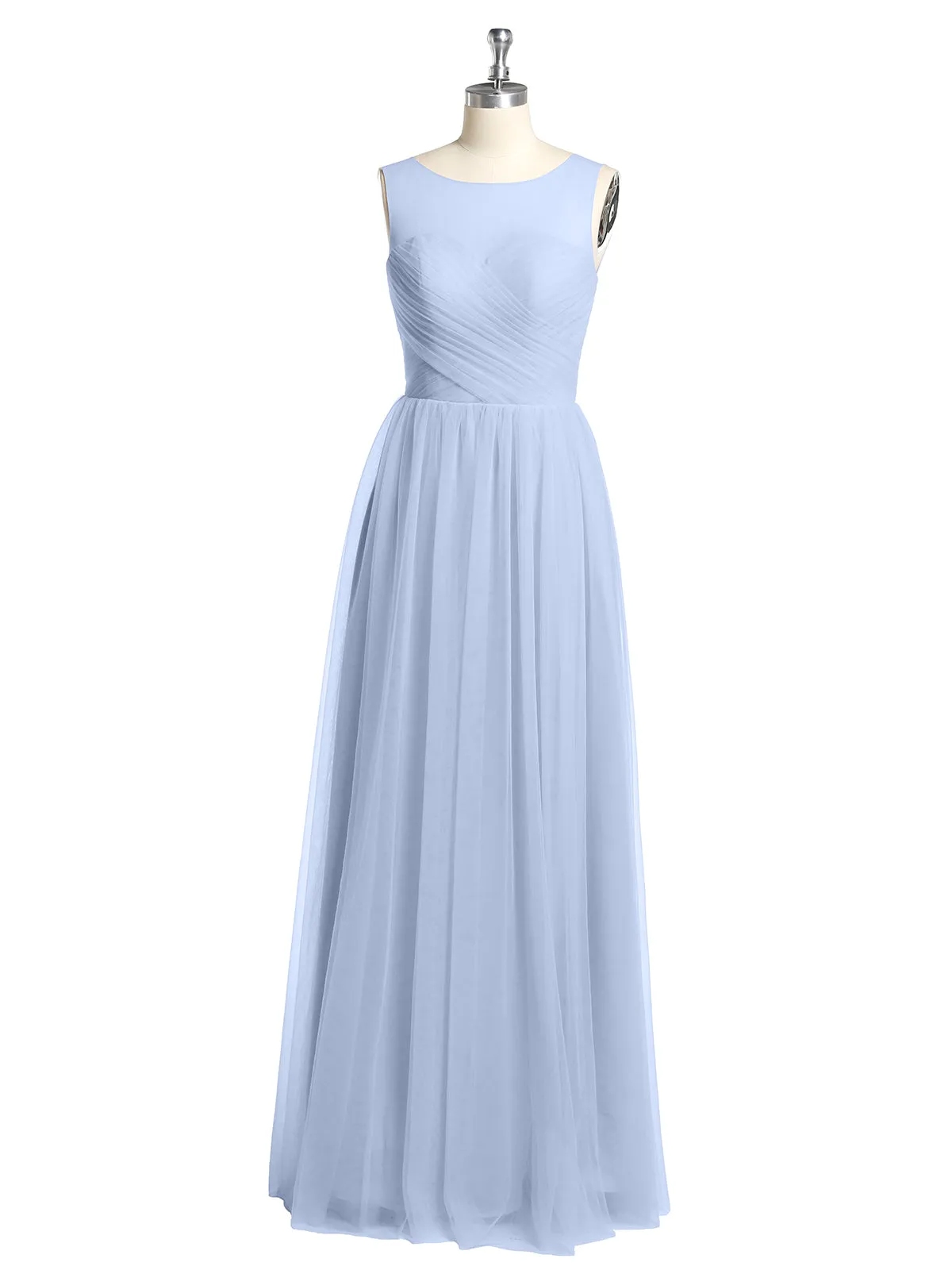 Illusion Neck Cross Tulle Bridesmaid Dresses-Sky Blue Plus Size