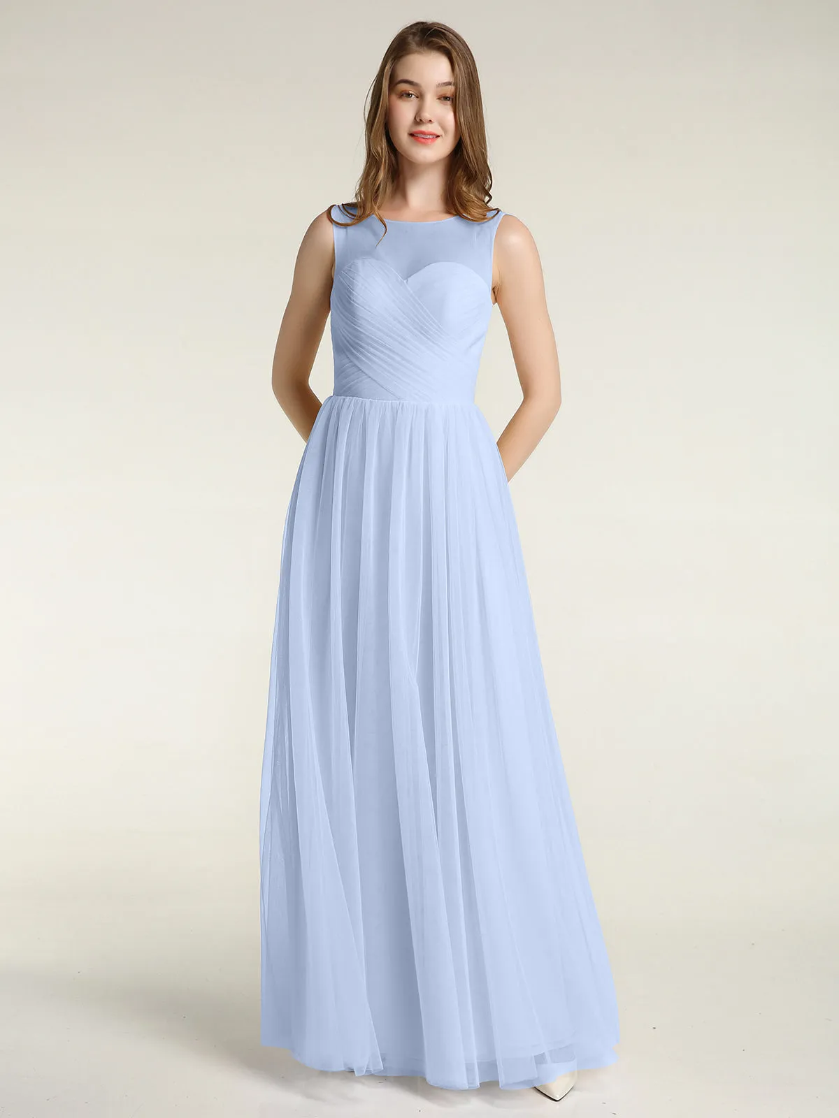 Illusion Neck Cross Tulle Bridesmaid Dresses-Sky Blue Plus Size