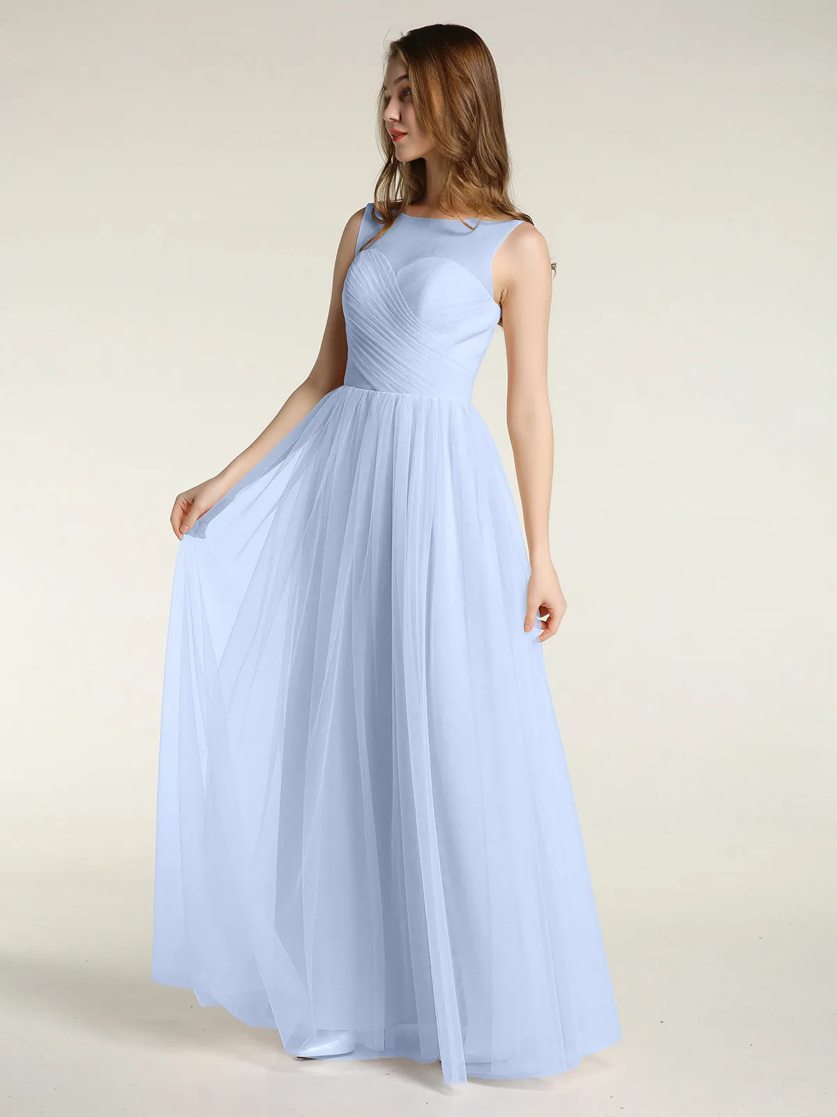 Illusion Neck Cross Tulle Bridesmaid Dresses-Sky Blue Plus Size