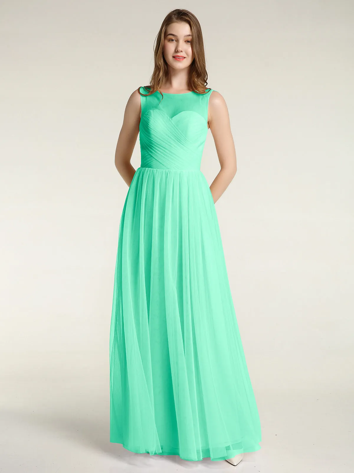 Illusion Neck Cross Tulle Bridesmaid Dresses-Turquoise