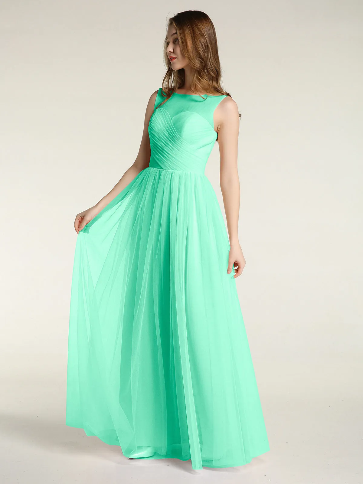 Illusion Neck Cross Tulle Bridesmaid Dresses-Turquoise