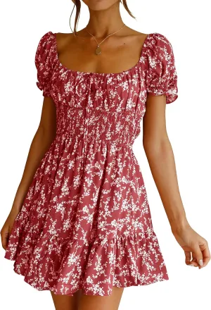 Imily Bela Womens Summer Dress Ruffle Sleeve Sqaure Neck Smocked Sun Dress Casual Boho Beach Floral Mini Dress